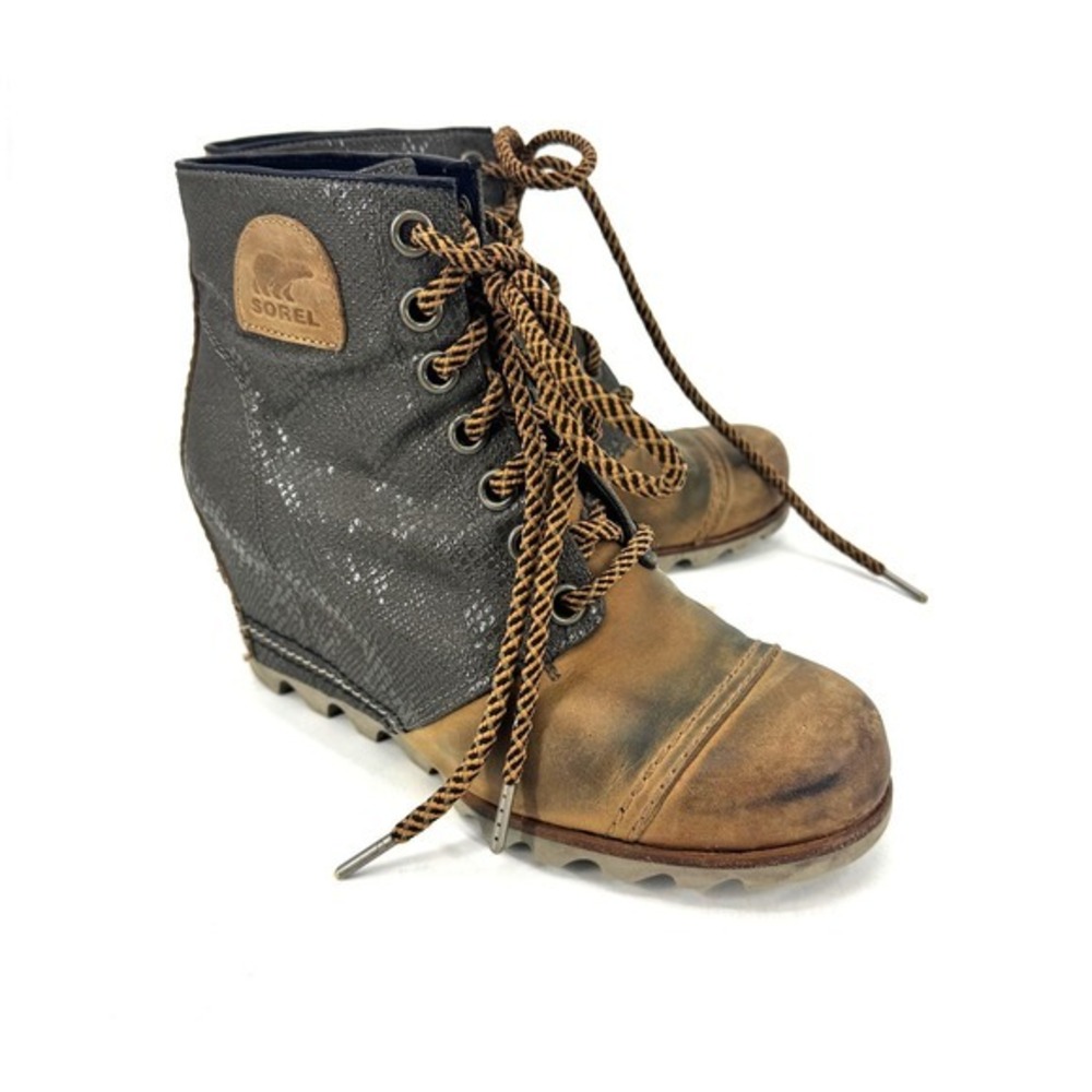 Sorel Lea Wedge Lace Up Boots Brown Metallic Snake‎ Print NL2264-286 Womens 9
